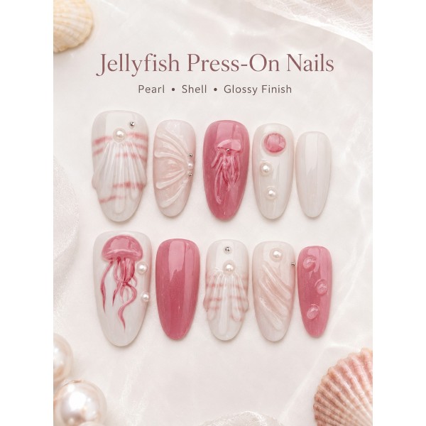 3D Jellyfish Shell Press‑On Nails, Pink‑White Ocean‑Style Almond False Nails with Pearl Rhinestones